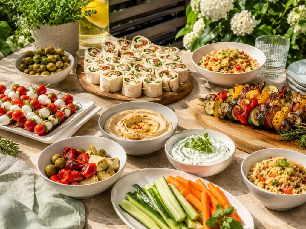 Kaltes Buffet für Gartenparty mit Wrap Röllchen, Caprese Spießen, Antipasti, Gemüsesticks und Dips