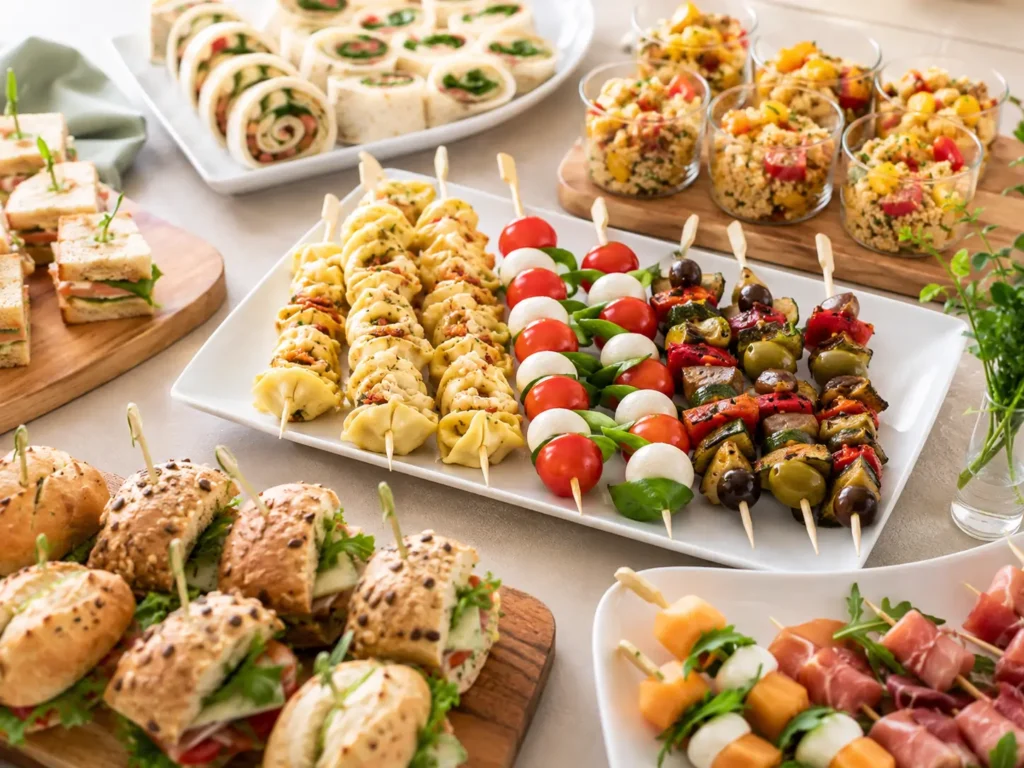 Kaltes Fingerfood Buffet mit Tortellini-Spießen, Tomaten-Mozzarella-Spießen, Antipasti-Spießen und Wrap-Röllchen