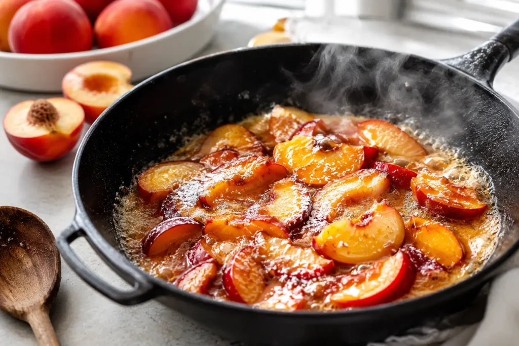 Karamellisierte Nektarinen in Butter und Puderzucker für Nektarinen Tarte Tatin
