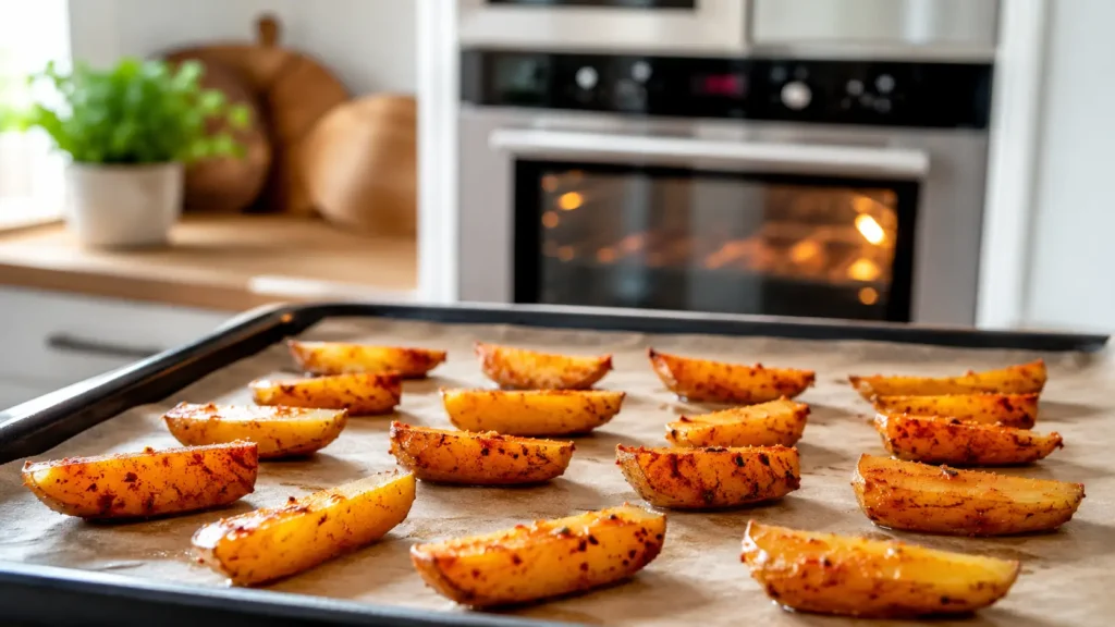 Kartoffeln auf dem Blech verteilen damit sie im Backofen knusprig werden