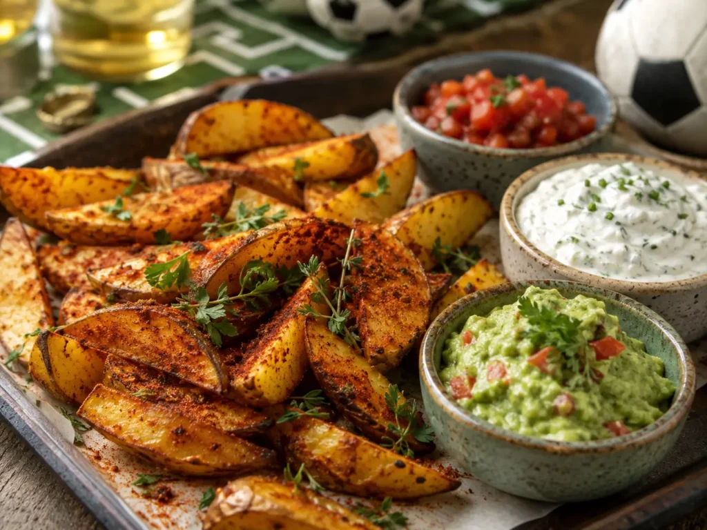 Kartoffeln aus dem Backofen mit Kräuterquark, Guacamole und Salsa als Fußball Snack