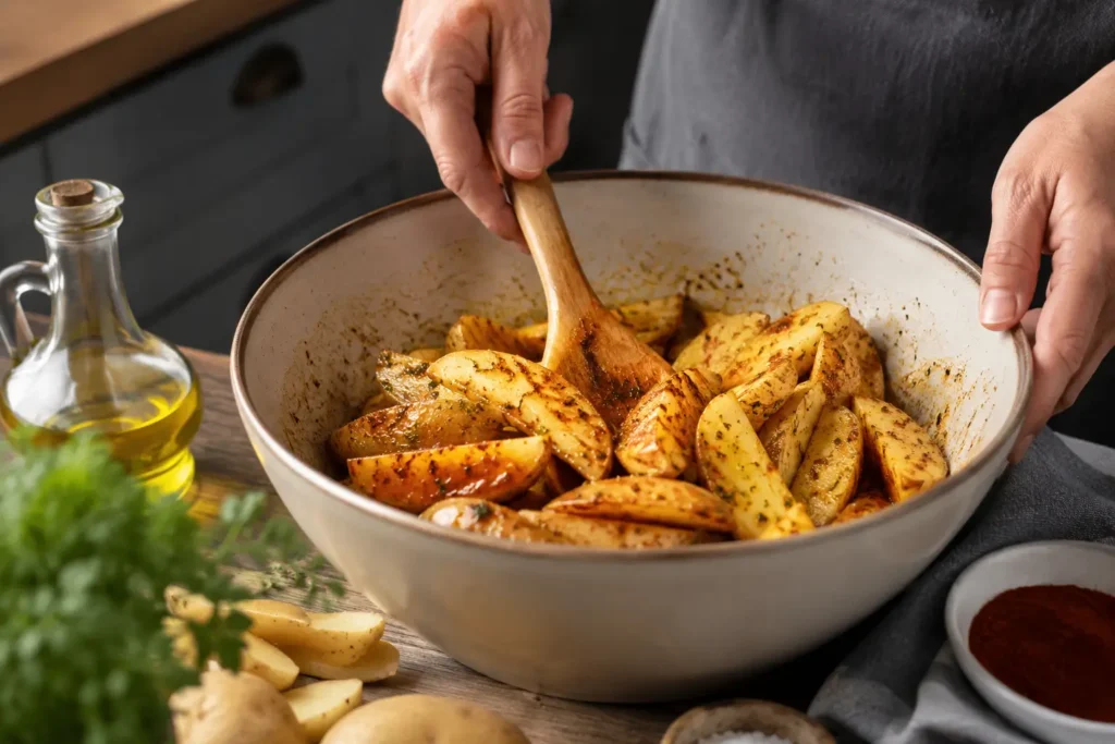 Kartoffeln marinieren mit Olivenöl Paprika Salz und Kräutern für den Backofen