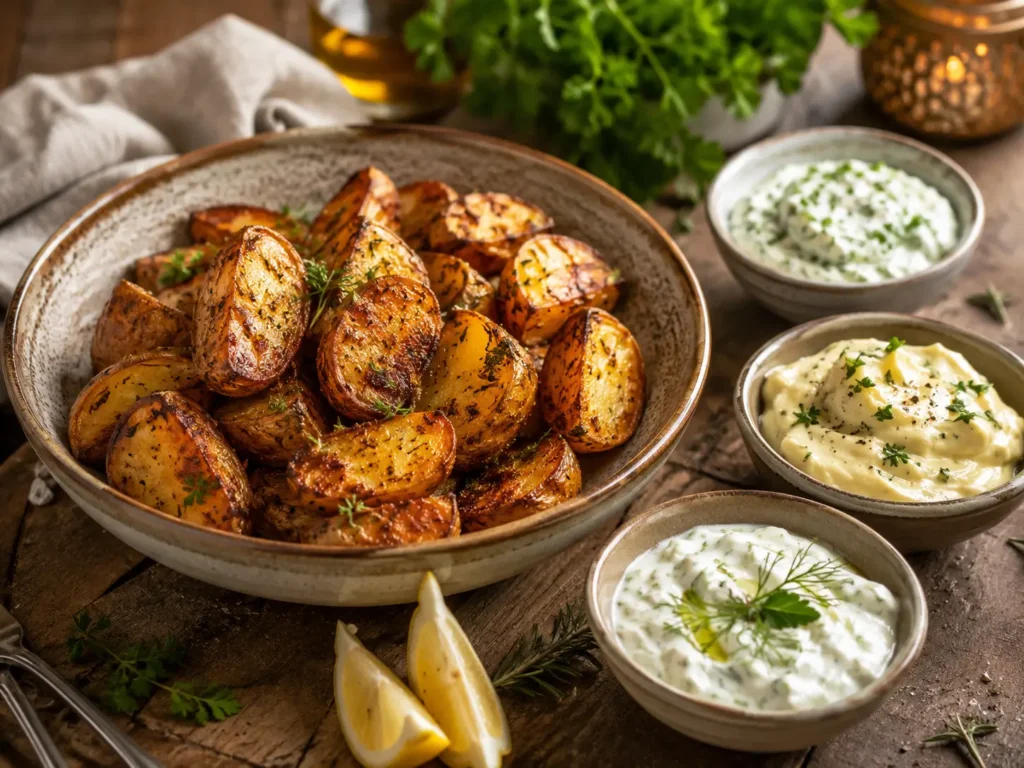 Kartoffeln aus dem Backofen mit Kräuterquark Aioli und Joghurtdip serviert