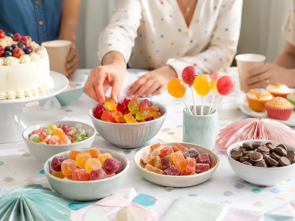 Gelatinefreie Süßigkeiten für Kindergeburtstag und Feiern auf einem hellen Partytisch