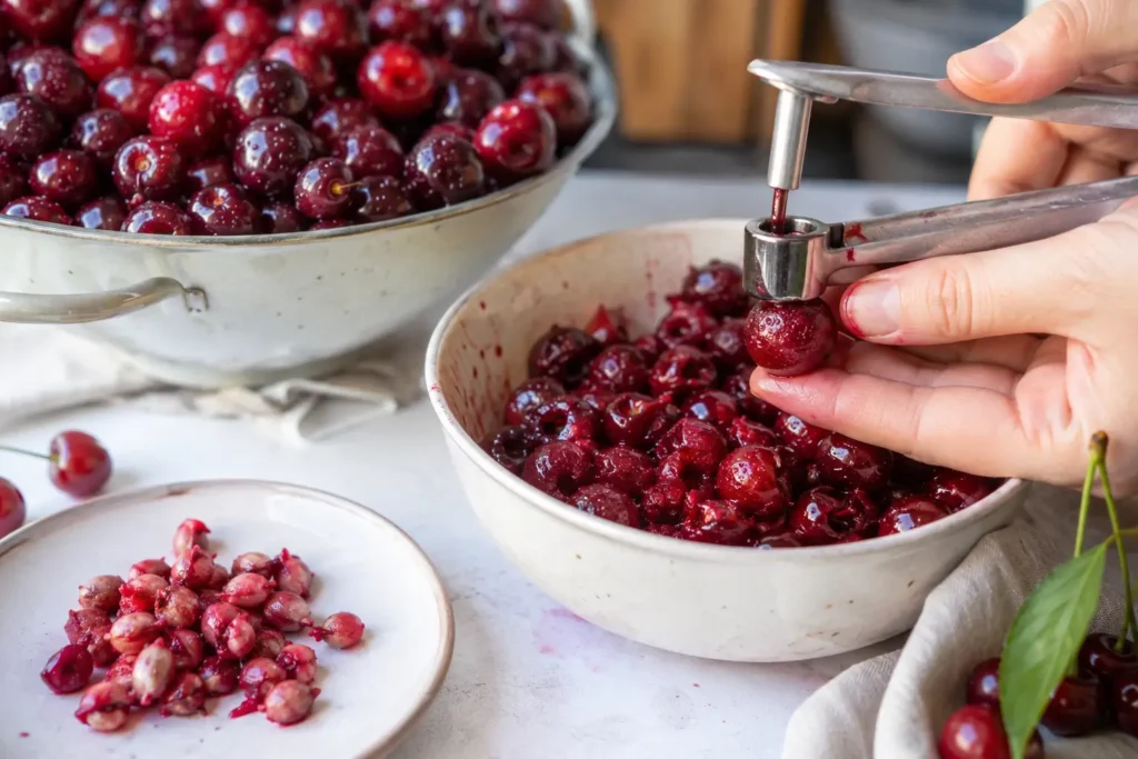 Kirschen entsteinen für Sauerkirschmarmelade Rezept mit frischen Sauerkirschen