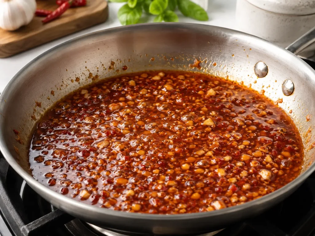 Knoblauch Chili Sauce mit Sambal Oelek, Sojasauce und Sesamöl wird in einer Pfanne angerührt