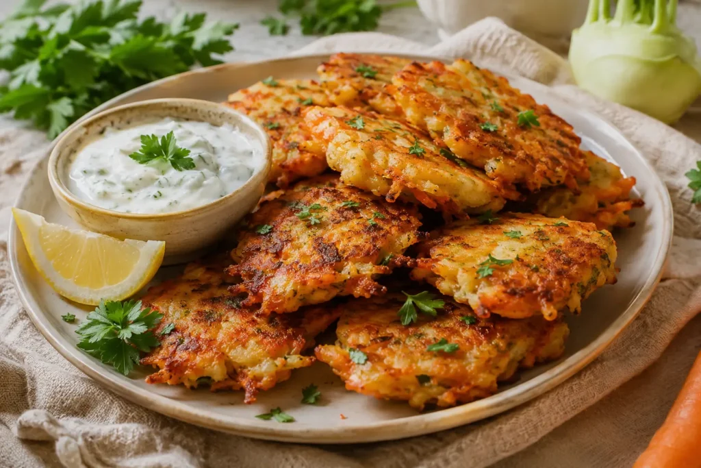 Knusprige Kohlrabi-Puffer mit Karotten und Joghurt-Dip