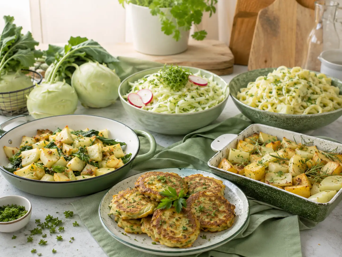 Kohlrabi Rezepte schnell und einfach mit verschiedenen Gerichten aus Kohlrabi wie Pfanne, Salat, Puffer und Ofengemüse