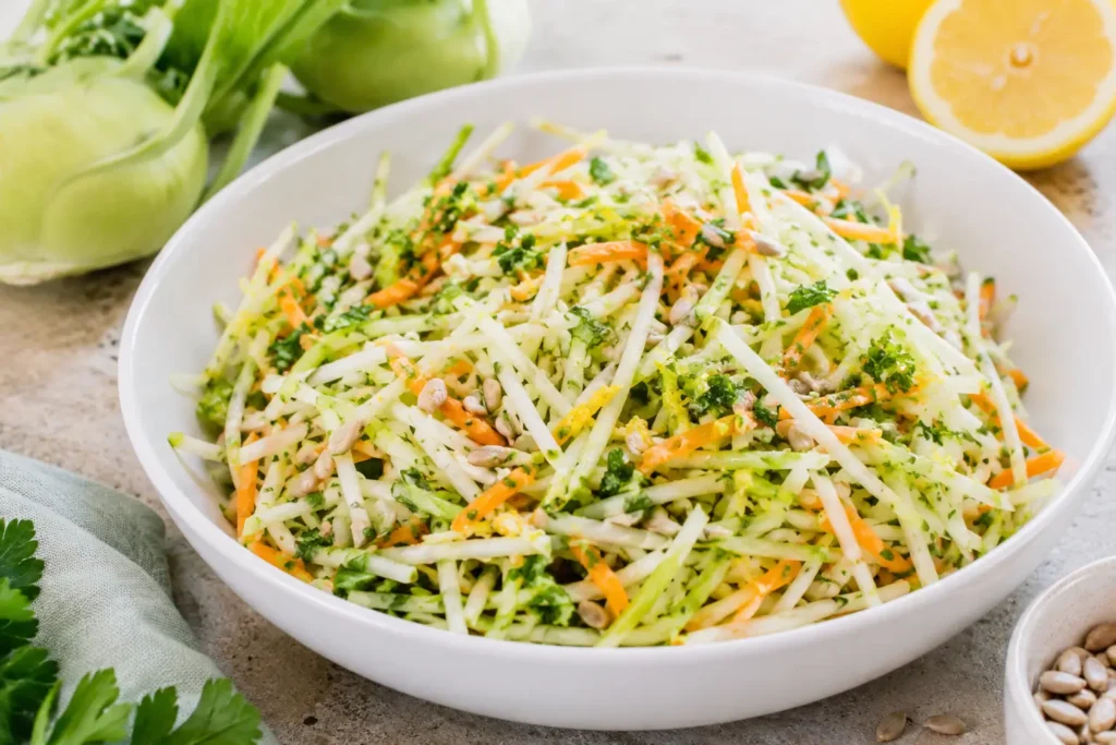 Roher Kohlrabi-Salat mit Apfel, Karotte, Zitrone und Kräutern