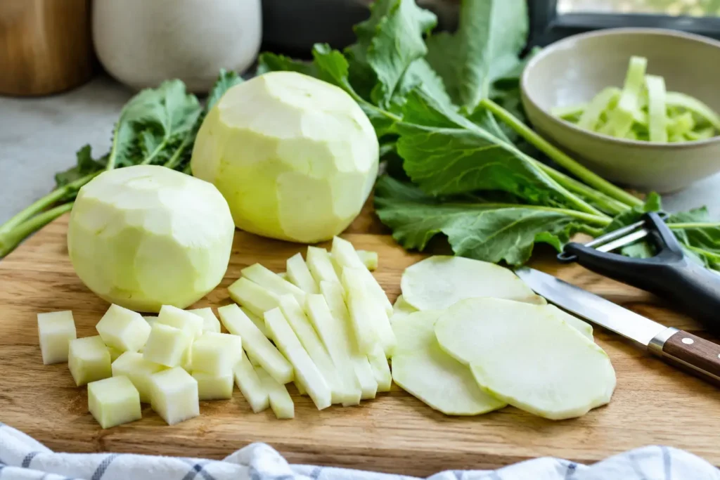 Kohlrabi schälen und schneiden für schnelle Kohlrabi Rezepte