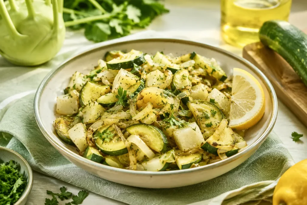Schnelle Kohlrabi-Zucchini-Pfanne mit Petersilie und Zitrone