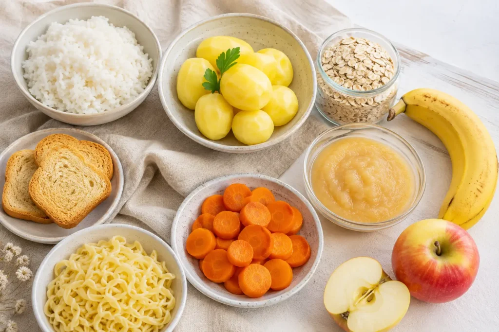 Liste leicht verdaulicher Lebensmittel mit Reis, Kartoffeln, Haferflocken, Banane, Apfelmus, Karotten und Zwieback