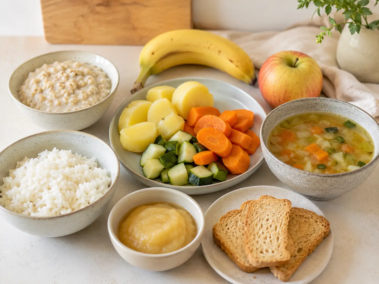 Leicht verdauliche Lebensmittel wie Reis, Kartoffeln, Banane, Karotten, Haferflocken und Suppe auf einem hellen Küchentisch