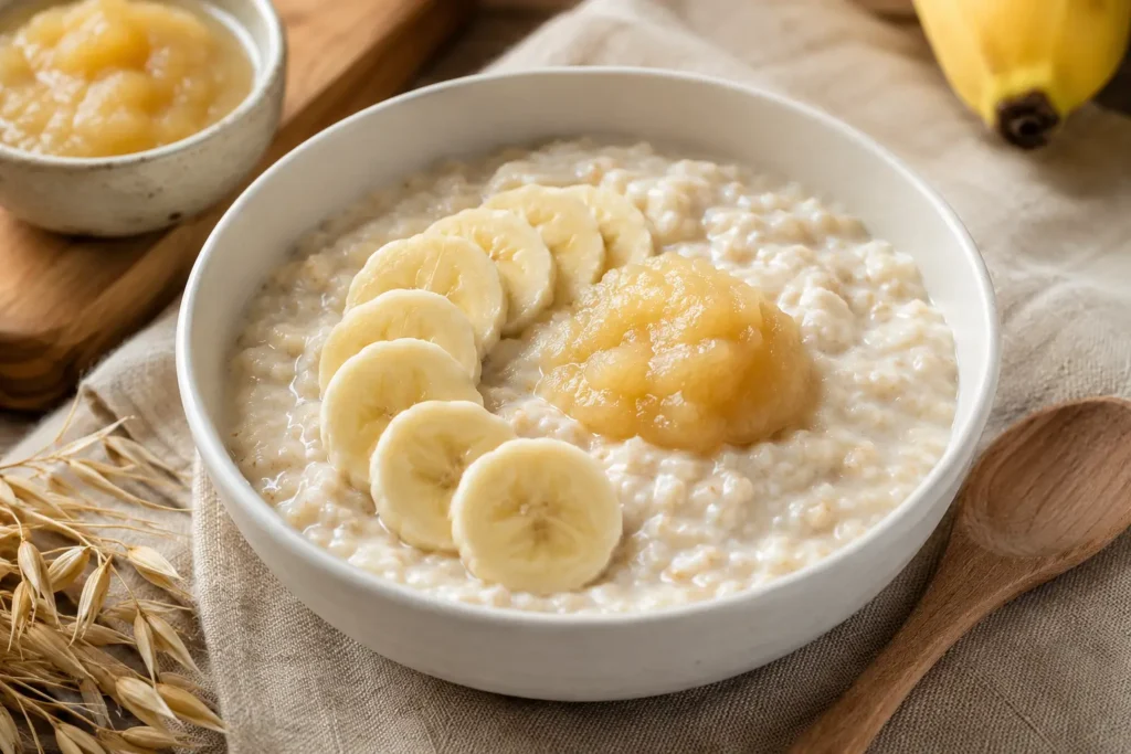 Leicht verdauliches Frühstück mit cremigem Haferschleim, Banane und Apfelmus in einer weißen Schüssel