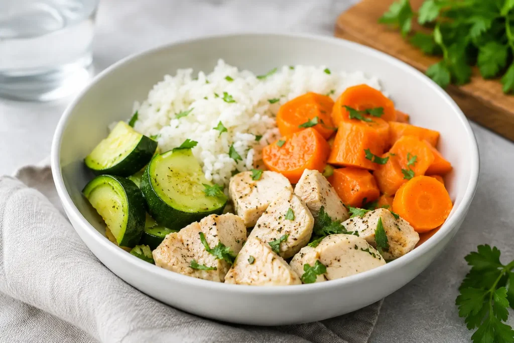 Leicht verdauliches Mittagessen mit Reis, gedünsteter Zucchini, Karotten und magerem Hähnchen