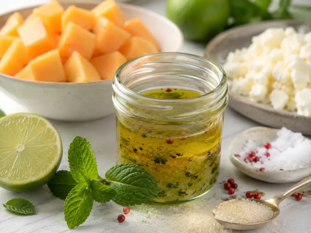 Limetten Dressing mit Olivenöl für Melonensalat mit Feta