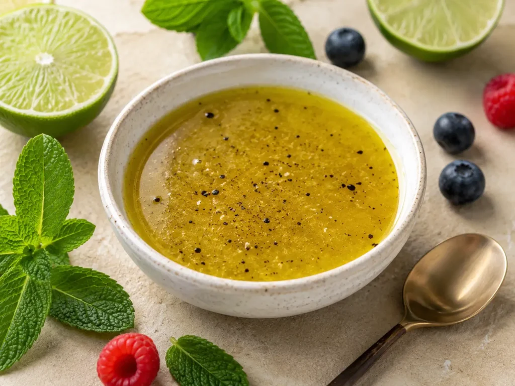 Limetten-Dressing mit Olivenöl, Ahornsirup, Salz und Pfeffer für Salat mit Früchten