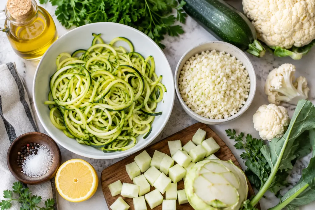 Low Carb Alternativen mit Zucchini Nudeln, Blumenkohlreis und Kohlrabi statt Nudeln Reis und Kartoffeln