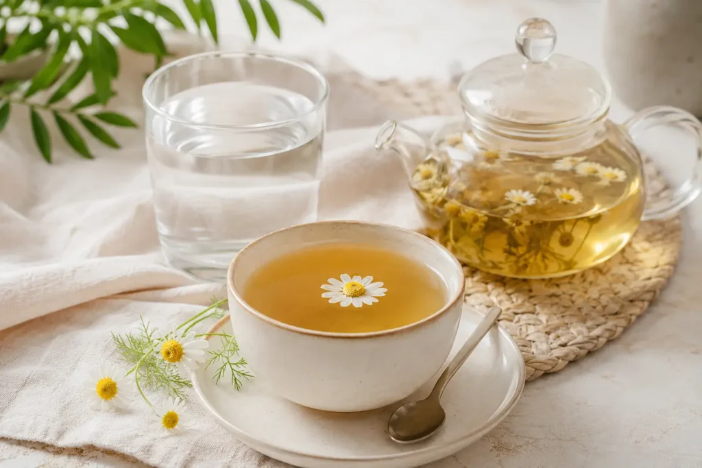Magenfreundliche Getränke mit Kamillentee, stillem Wasser und mildem Kräutertee auf hellem Tisch