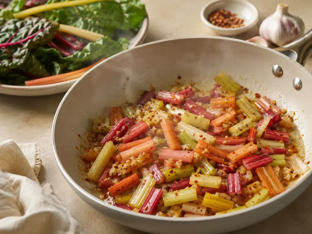 Mangold Stiele in der Pfanne mit Knoblauch und Olivenöl braten