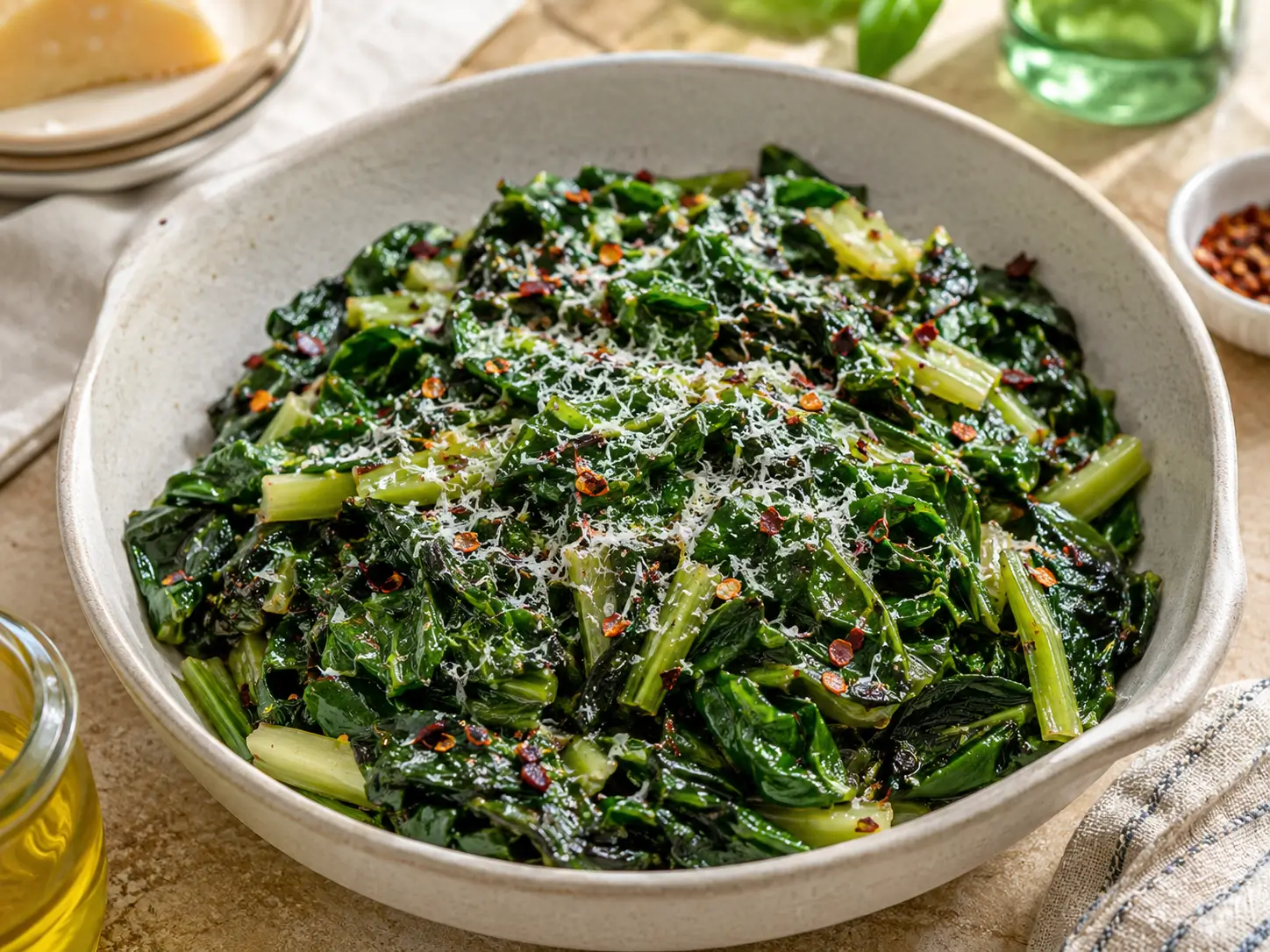 Mangold Rezept schnell aus der Pfanne mit Knoblauch, Olivenöl, Chili, Balsamico und Parmesan