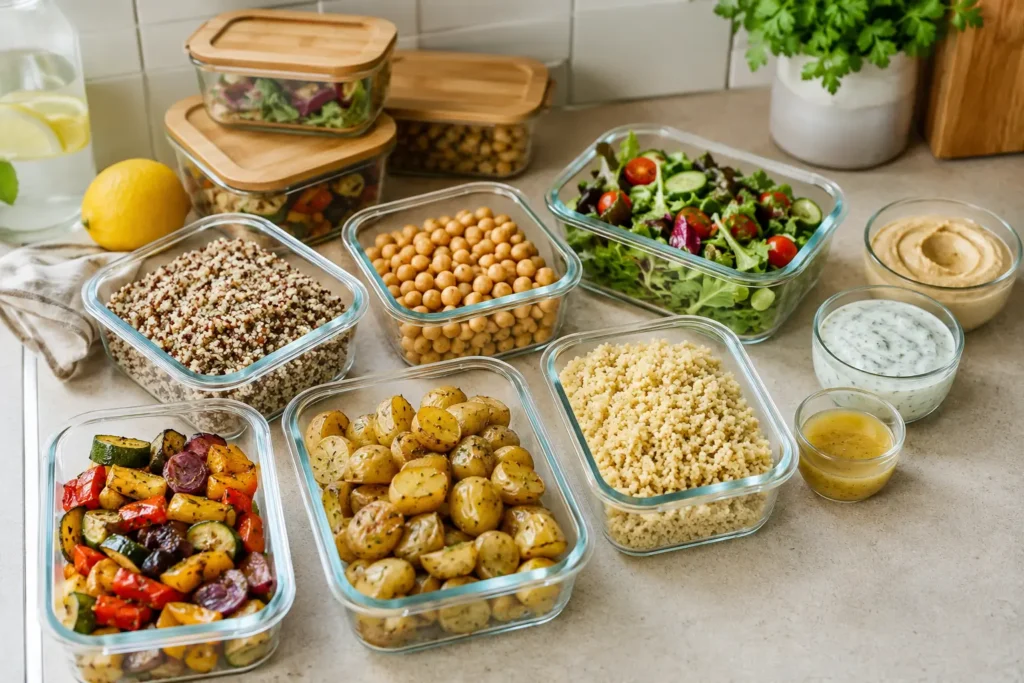 Meal Prep gesundes Abendessen mit vorbereiteten Bowls, Ofengemüse, Kartoffeln, Couscous, Hummus und Kräuterquark in Glasboxen