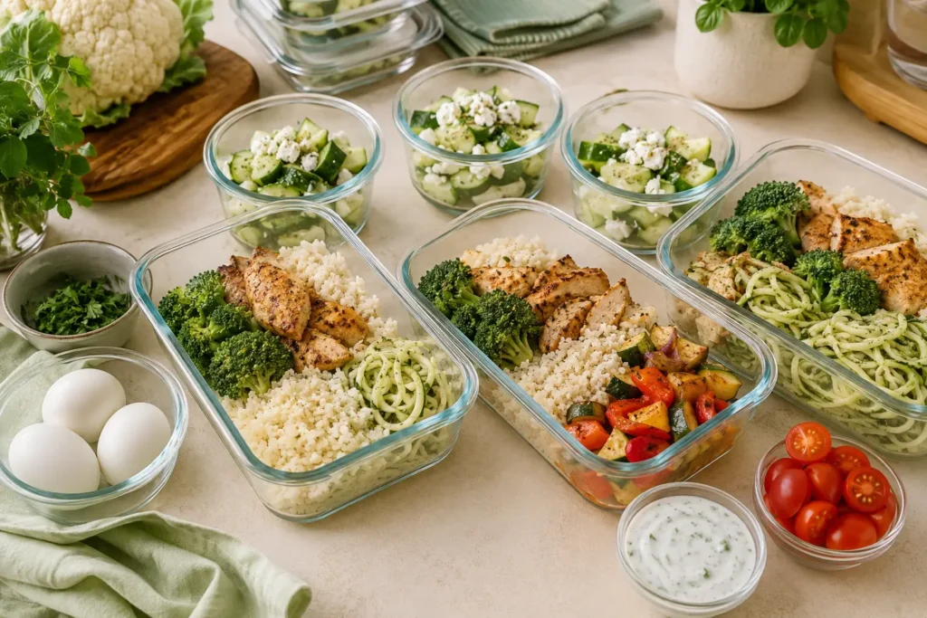 Meal Prep Low Carb Boxen ohne viele Kohlenhydrate mit Blumenkohlreis, Hähnchen, Brokkoli, Ei, Gurke und Feta