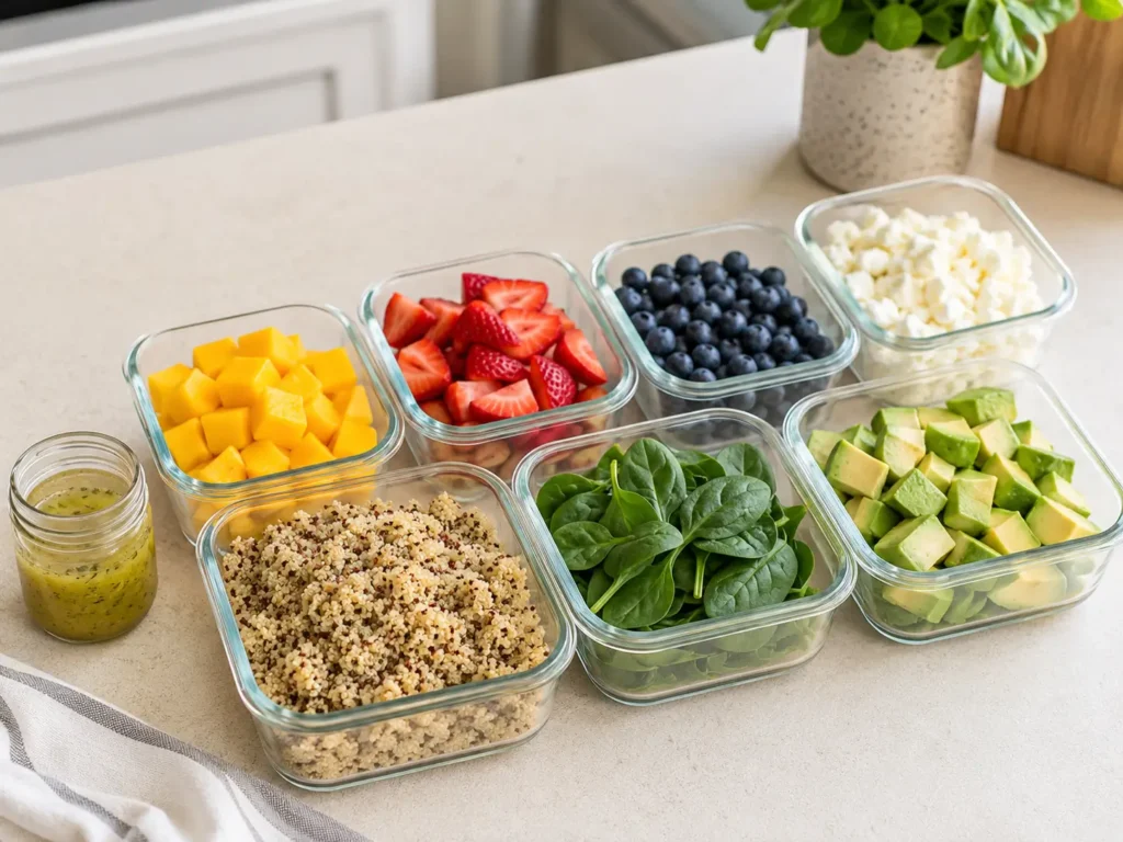Meal Prep Salat mit Quinoa, Früchten, Babyspinat, Feta und Dressing separat aufbewahrt