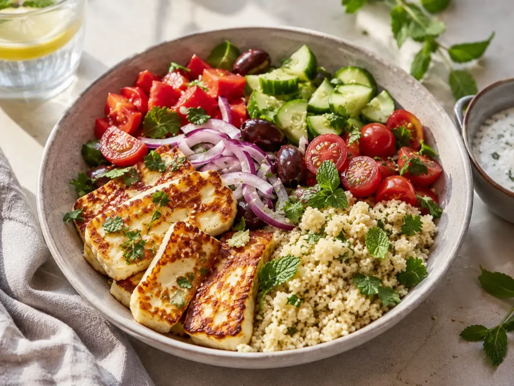 Mediterrane vegetarische Halloumi Bowl mit Couscous, Gurke, Tomaten, Paprika und Joghurt-Dressing