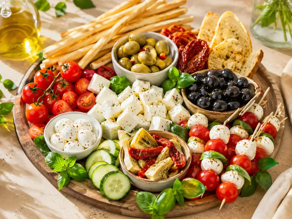 Mediterranes Snackboard mit Feta, Mini-Mozzarella, Tomaten, Oliven, Antipasti und Grissini