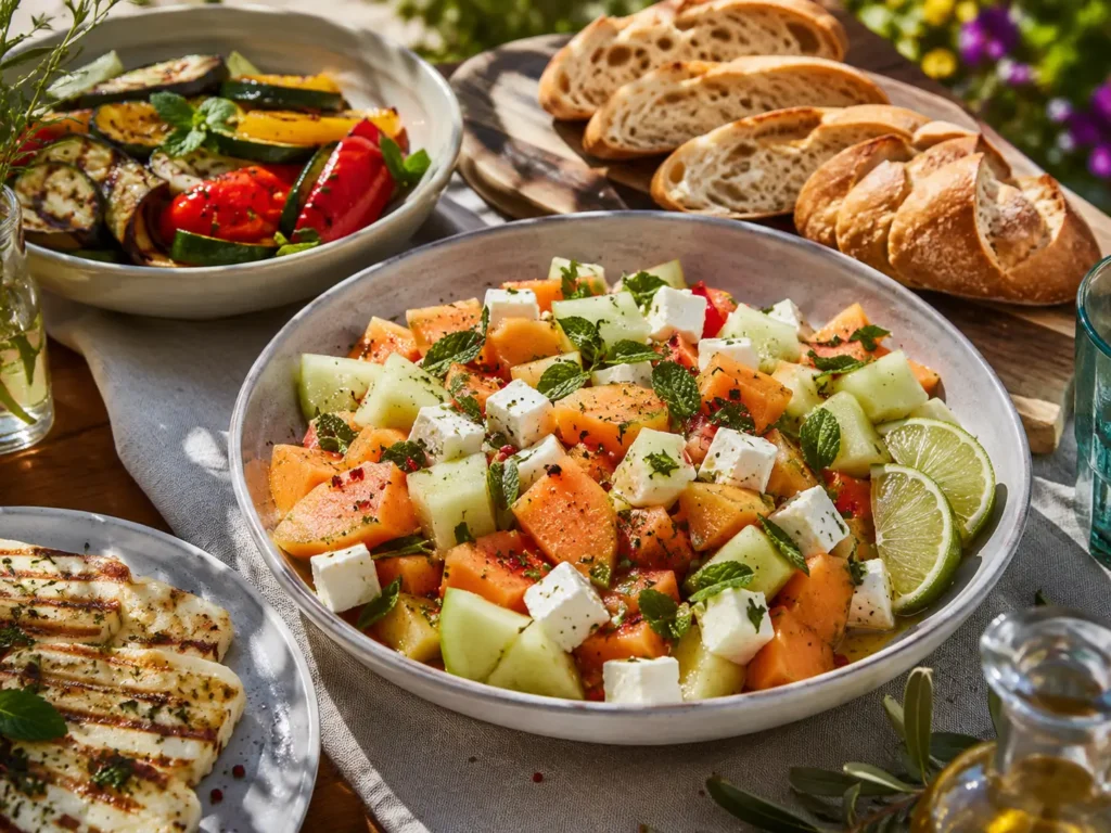 Melonensalat mit Feta als frische Grillbeilage im Sommer