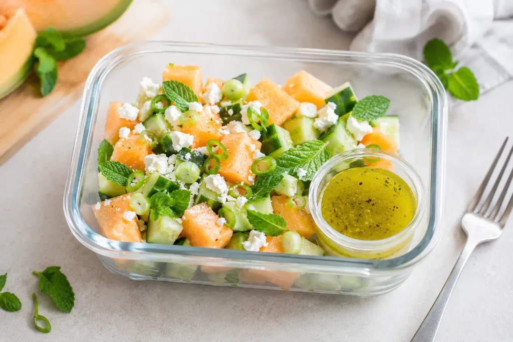 Melonensalat mit Feta als Meal Prep und Picknick Salat mit Dressing separat