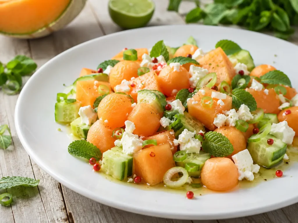 Melonensalat mit Feta, Cantaloupe-Melone, Gurke, Minze und Limetten-Dressing
