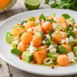 Melonensalat mit Feta, Cantaloupe-Melone, Gurke, Minze und Limetten-Dressing