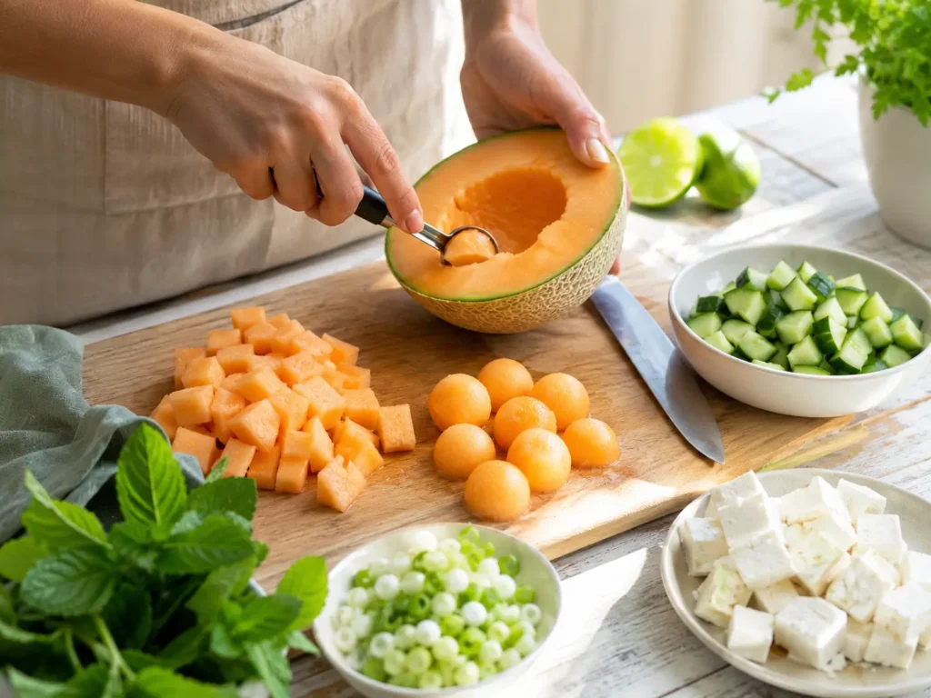 Cantaloupe-Melone und Gurke für Melonensalat mit Feta vorbereiten