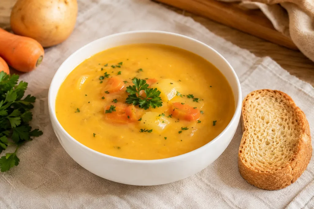 Cremige Möhrensuppe mit Kartoffeln als leicht verdauliches Abendessen für Magen und Darm