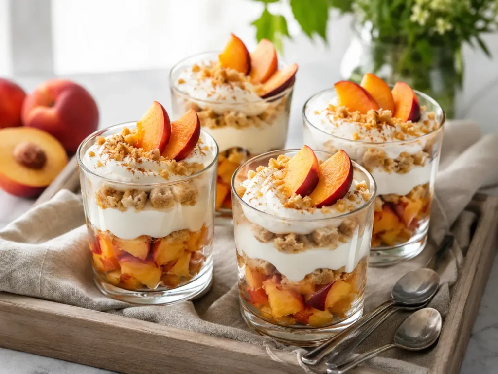 Nektarinen Dessert im Glas für Gäste mit Creme, Keksbröseln, Zimt und frischer Deko