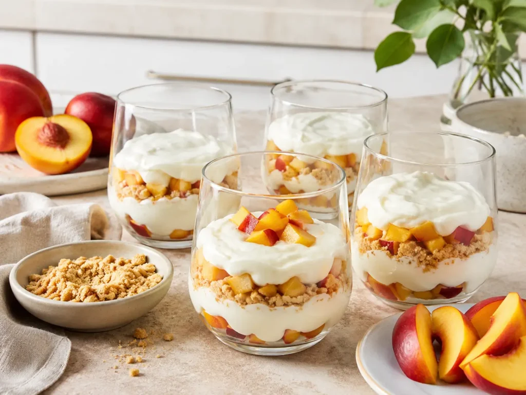Nektarinen Dessert im Glas wird mit Fruchtwürfeln und Joghurt-Sahne-Creme geschichtet