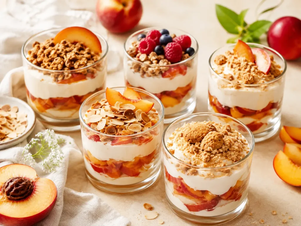 Nektarinen Dessert Varianten mit Amarettini, Mandelblättchen, Beeren und Knuspermüsli