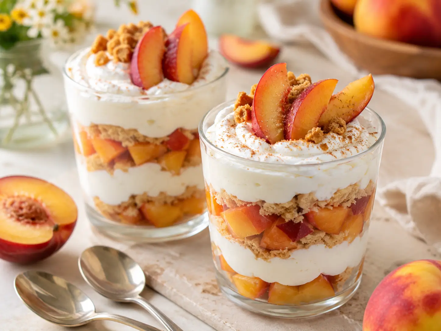 Nektarinen Rezepte Dessert im Glas mit Joghurt-Sahne-Creme, Keksbröseln und frischen Nektarinen