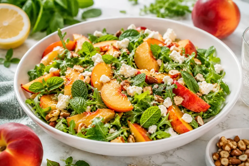 Nektarinen Salat mit Feta Rucola und gerösteten Nüssen als herzhaftes Sommerrezept