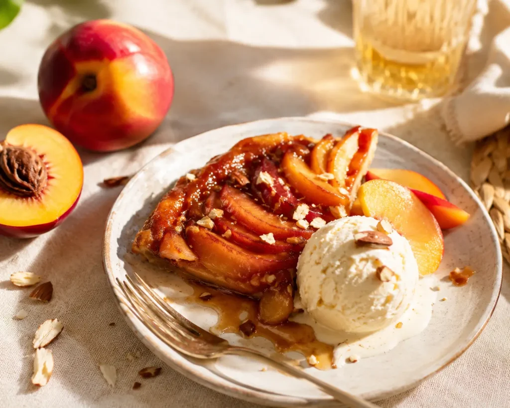 Nektarinen Tarte Tatin mit Vanilleeis und gerösteten Mandeln als Sommerdessert