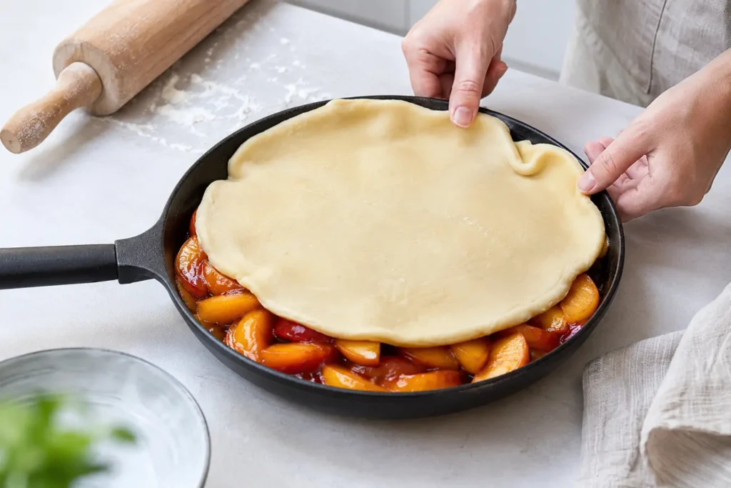 Nektarinen Tarte Tatin vor dem Backen mit Mürbeteig in ofenfester Pfanne