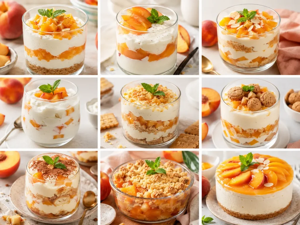 Neun schnelle Pfirsich Dessert Ideen mit Quark Dessert, Joghurt Dessert, Mascarpone Creme, Pfirsich Tiramisu und Cheesecake Dessert