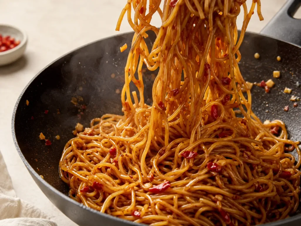 Nudeln werden in Chili Knoblauch Sauce mit Sojasauce und Nudelwasser in der Pfanne geschwenkt