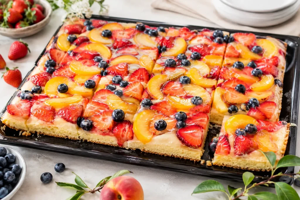 Fruchtiger Obstkuchen vom Blech mit Erdbeeren Pfirsich und hellem Tortenguss