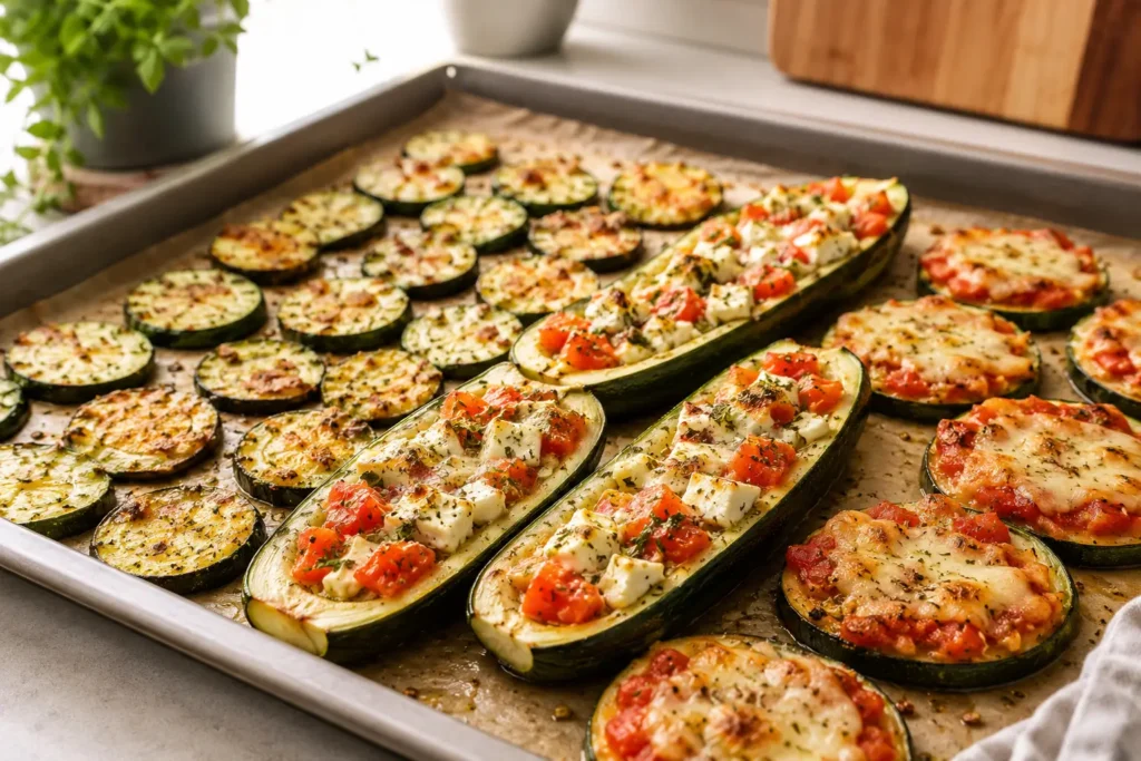 Ofen-Zucchini und gefüllte Zucchini mit Tomaten Feta Kräutern und goldbraunem Käse auf einem Backblech