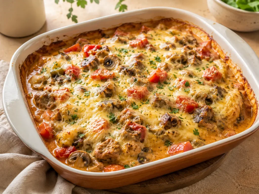 Ofenfleisch mit Käse überbacken, cremiger Soße, Paprika und Champignons aus der Auflaufform
