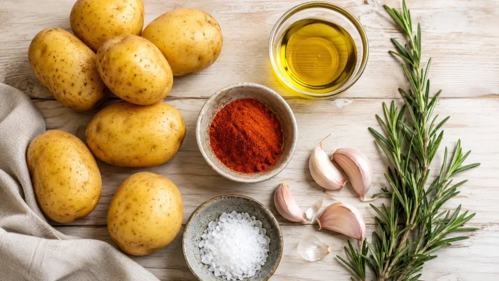 Zutaten für Ofenkartoffeln mit Olivenöl Paprika Salz Knoblauch und Rosmarin
