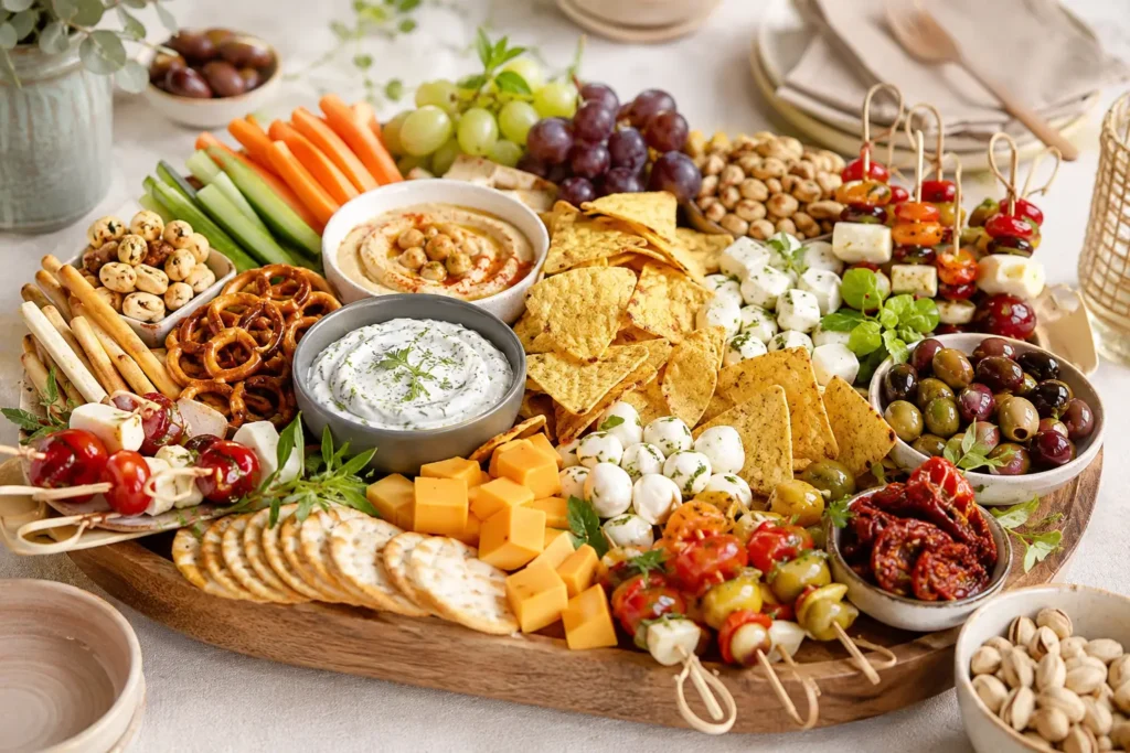 Party Snackboard für Gäste mit Fingerfood, Crackern, Dips, Spießen, Gemüse, Käse und Oliven
